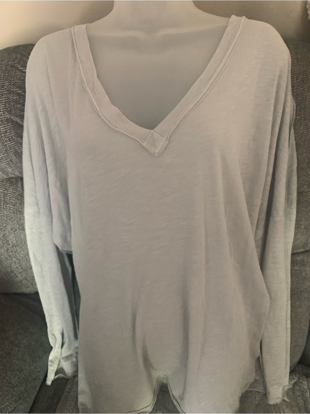 Free People Light Gray V-Neck Long Sleeve Tee